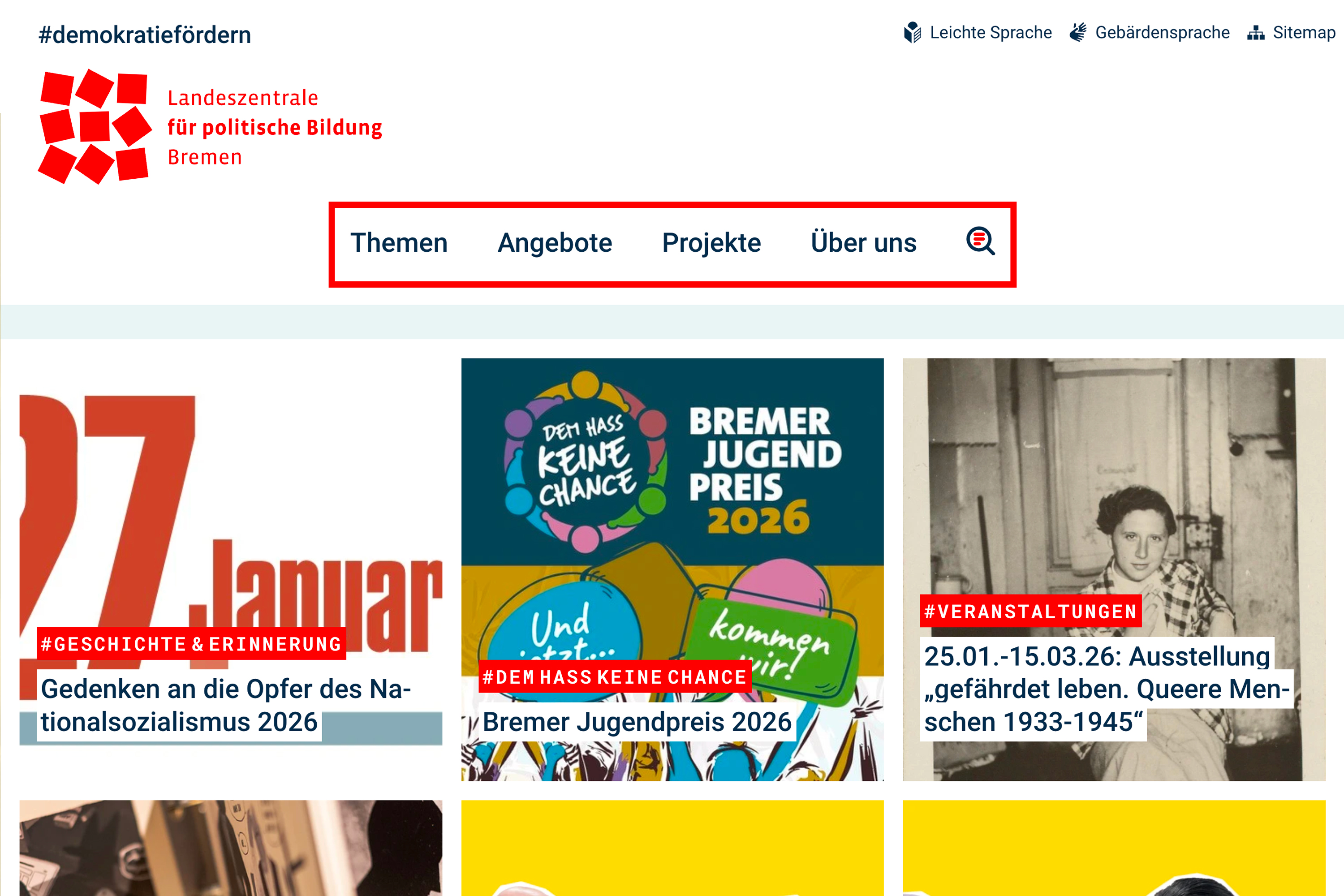 Webseitenlayout der Landeszentrale für politische Bildung Bremen mit Menüpunkten und aktuellen Themen zur politischen Bildung.